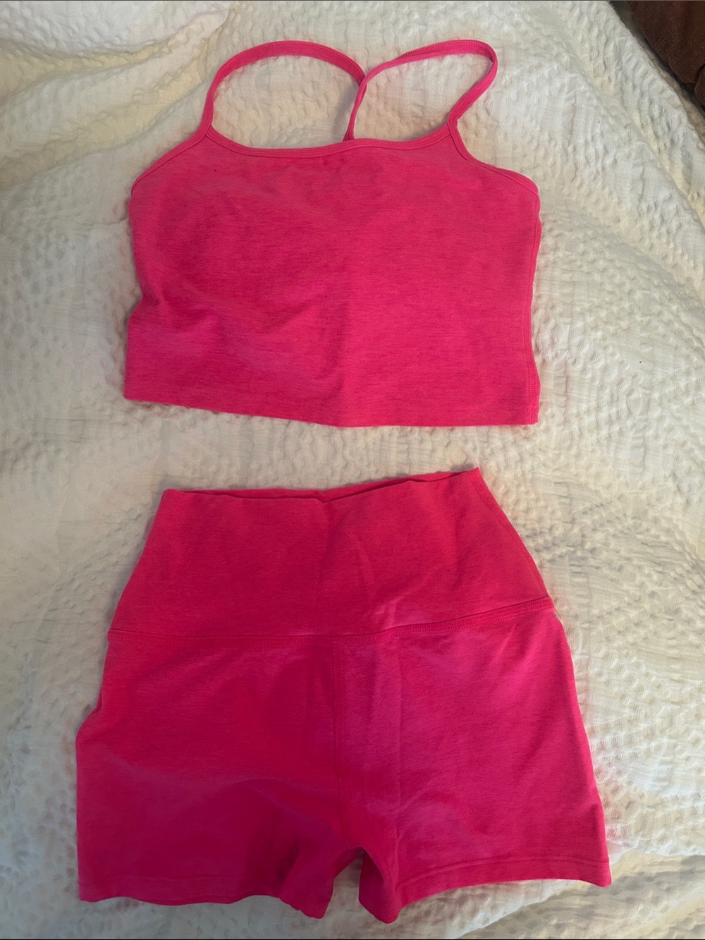 Beyond Yoga Hot Pink Heather Bike Short and Crop Tank